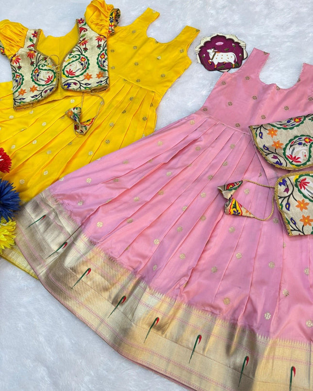 Kids Soft Paithani Silk Gown - Fully Stitched - Rosepetals Luxe
