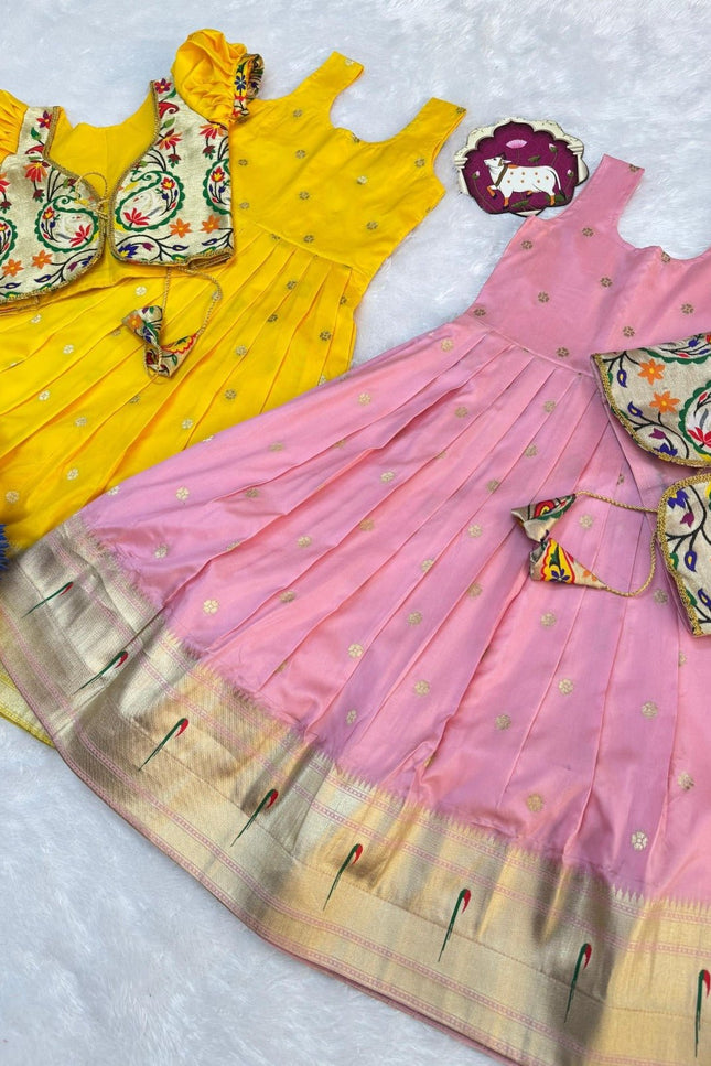 Kids Soft Paithani Silk Gown - Fully Stitched - Rosepetals Luxe