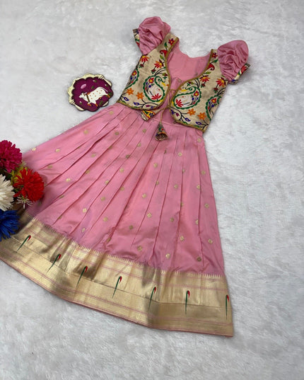 Kids Soft Paithani Silk Gown - Fully Stitched - Rosepetals Luxe