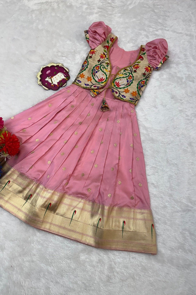 Kids Soft Paithani Silk Gown - Fully Stitched - Rosepetals Luxe