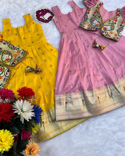Kids Soft Paithani Silk Gown - Fully Stitched - Rosepetals Luxe