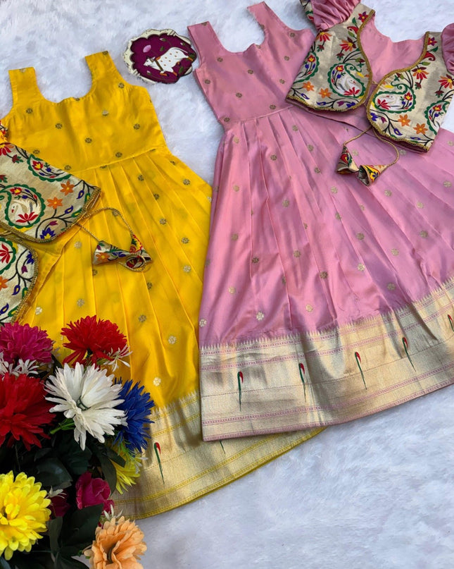 Kids Soft Paithani Silk Gown - Fully Stitched - Rosepetals Luxe