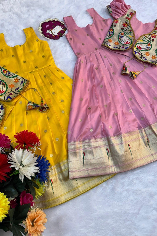 Kids Soft Paithani Silk Gown - Fully Stitched - Rosepetals Luxe