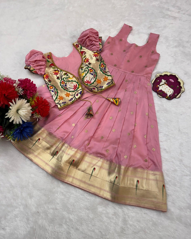 Kids Soft Paithani Silk Gown - Fully Stitched - Rosepetals Luxe