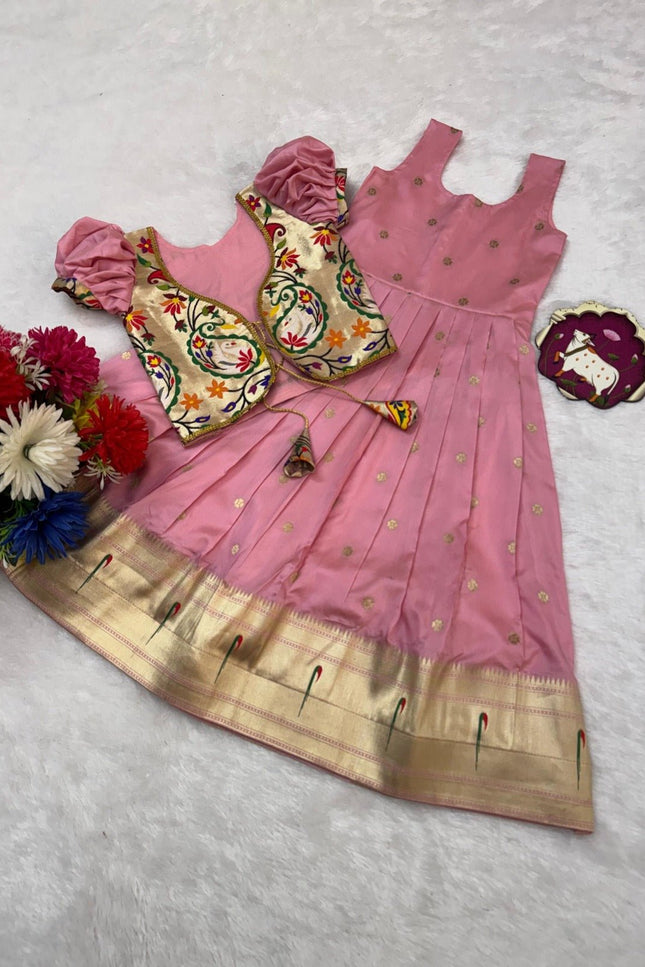 Kids Soft Paithani Silk Gown - Fully Stitched - Rosepetals Luxe