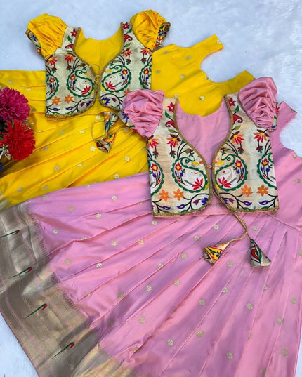 Kids Soft Paithani Silk Gown - Fully Stitched - Rosepetals Luxe