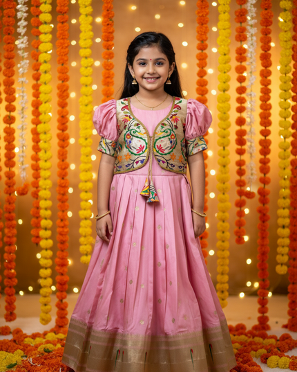 Kids Soft Paithani Silk Gown - Fully Stitched - Rosepetals Luxe