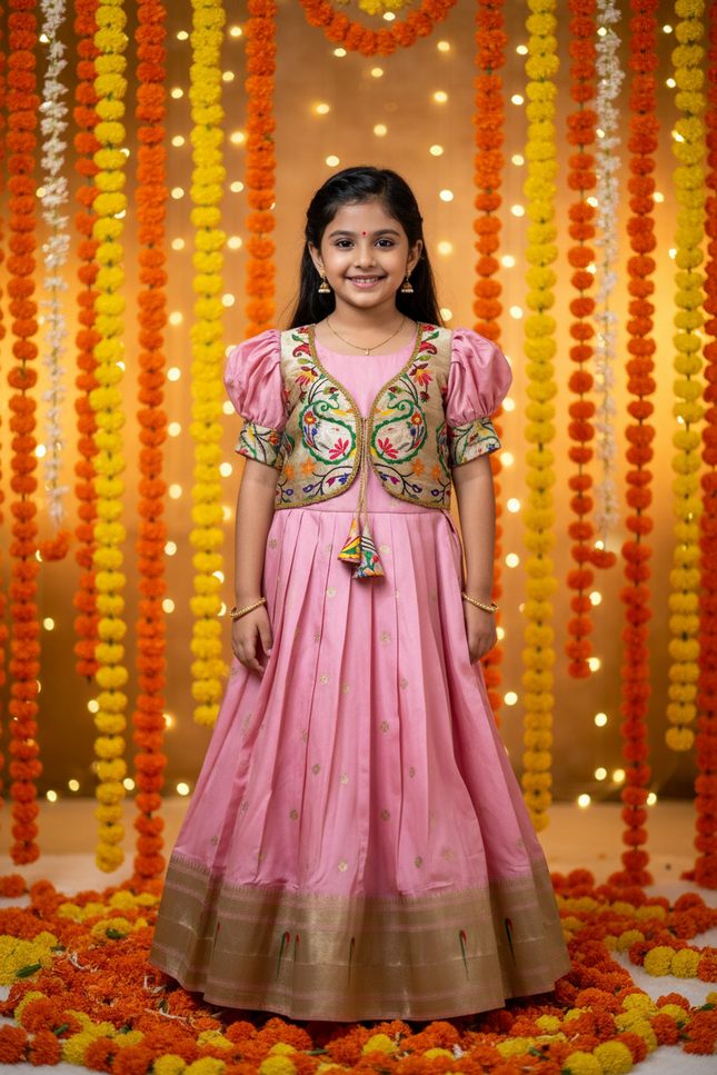 Kids Soft Paithani Silk Gown - Fully Stitched - Rosepetals Luxe