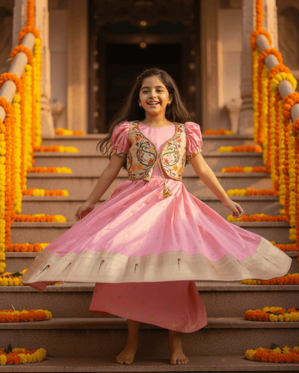 Kids Soft Paithani Silk Gown - Fully Stitched - Rosepetals Luxe