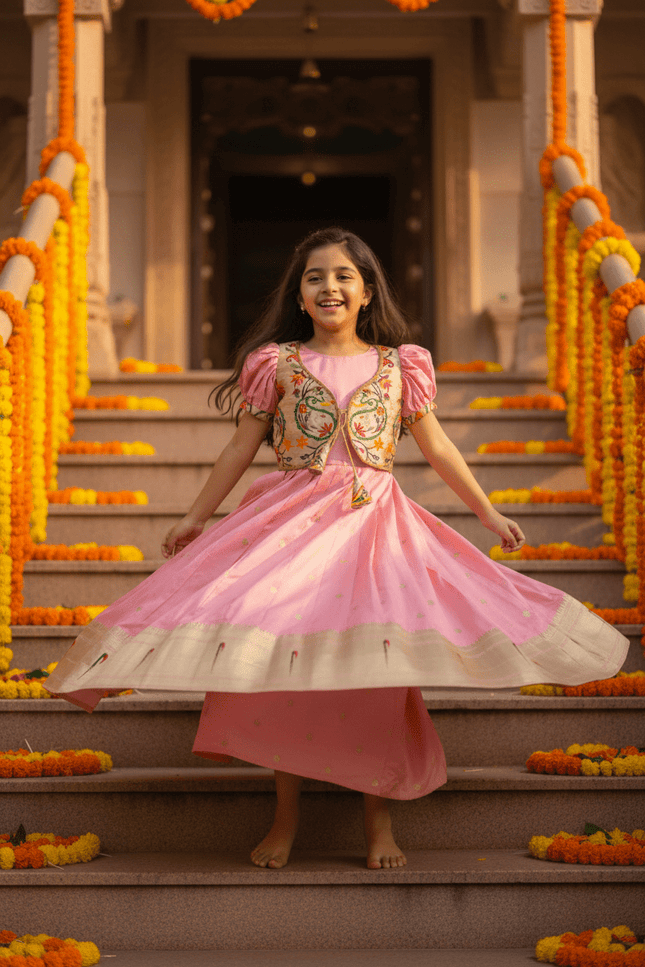 Kids Soft Paithani Silk Gown - Fully Stitched - Rosepetals Luxe