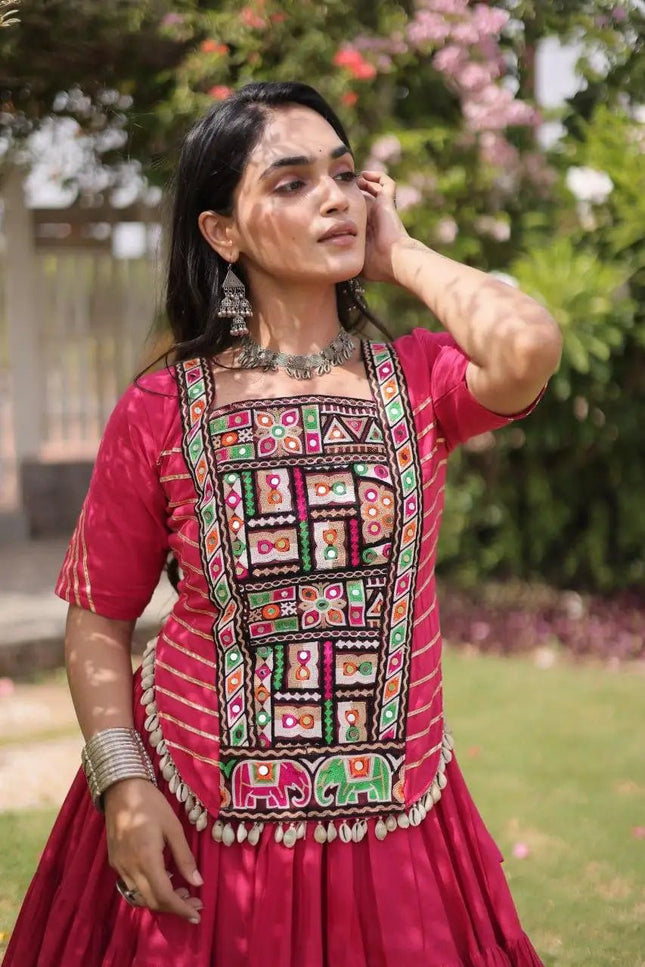 Kora Cotton Kutchi Patchwork Lehenga Choli Set | Navratri Garba Dandiya | 12 Metre Flare - Rosepetals Luxe
