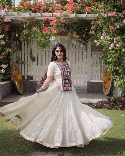 Kora Cotton Kutchi Patchwork Lehenga Choli Set | Navratri Garba Dandiya | 12 Metre Flare - Rosepetals Luxe