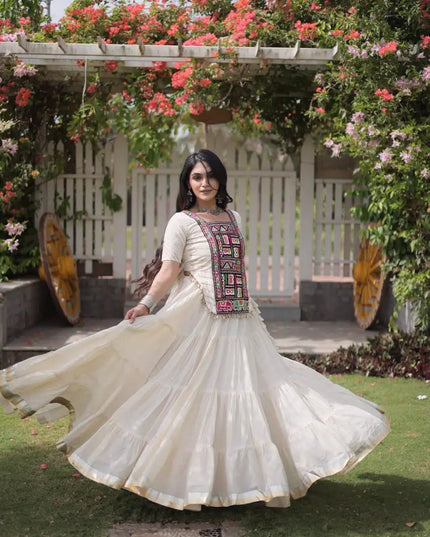 Kora Cotton Kutchi Patchwork Lehenga Choli Set | Navratri Garba Dandiya | 12 Metre Flare - Rosepetals Luxe