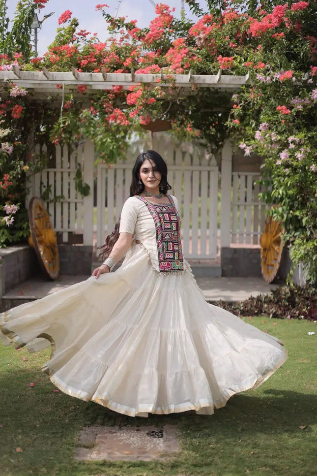 Kora Cotton Kutchi Patchwork Lehenga Choli Set | Navratri Garba Dandiya | 12 Metre Flare - Rosepetals Luxe