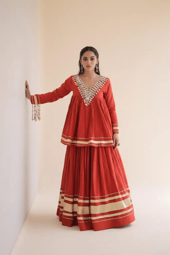 Kora Cotton Lehenga Set | Zari, Gota Patti & Mirror Work | Ready to Wear - Rosepetals Luxe