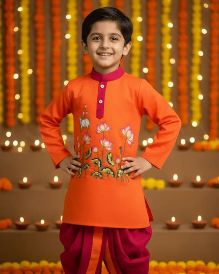 Krishna Dhoti Kurta Set for Boys | Kalamkari & Maggam Work | Onam & Janmashtami Festive Wear - Rosepetals Luxe