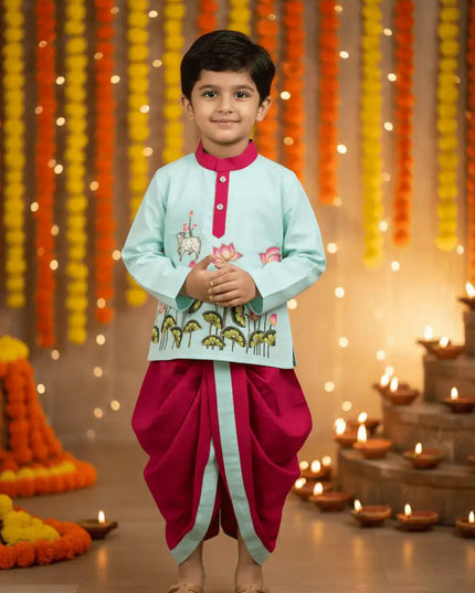 Krishna Dhoti Kurta Set for Boys | Kalamkari & Maggam Work | Onam & Janmashtami Festive Wear - Rosepetals Luxe