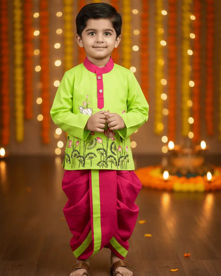 Krishna Dhoti Kurta Set for Boys | Kalamkari & Maggam Work | Onam & Janmashtami Festive Wear - Rosepetals Luxe