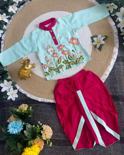 Krishna Dhoti Kurta Set for Boys | Kalamkari & Maggam Work | Onam & Janmashtami Festive Wear - Rosepetals Luxe