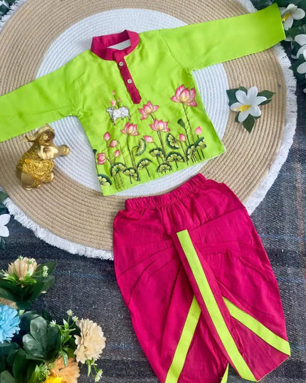 Krishna Dhoti Kurta Set for Boys | Kalamkari & Maggam Work | Onam & Janmashtami Festive Wear - Rosepetals Luxe