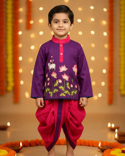 Krishna Dhoti Kurta Set for Boys | Kalamkari & Maggam Work | Onam & Janmashtami Festive Wear - Rosepetals Luxe