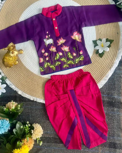 Krishna Dhoti Kurta Set for Boys | Kalamkari & Maggam Work | Onam & Janmashtami Festive Wear - Rosepetals Luxe