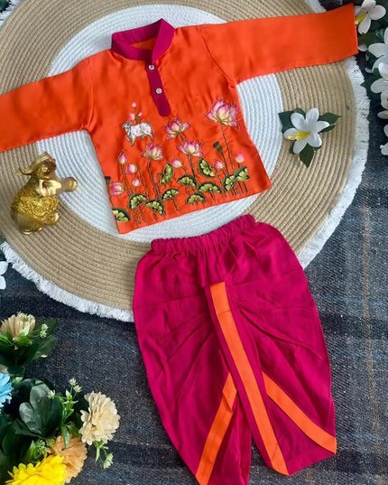 Krishna Dhoti Kurta Set for Boys | Kalamkari & Maggam Work | Onam & Janmashtami Festive Wear - Rosepetals Luxe