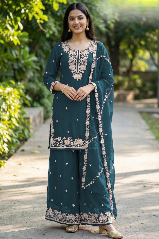 Kurta Palazzo Dupatta Set With Embroidery Beads Work - Rosepetals Luxe