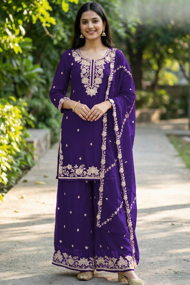 Kurta Palazzo Dupatta Set With Embroidery Beads Work - Rosepetals Luxe