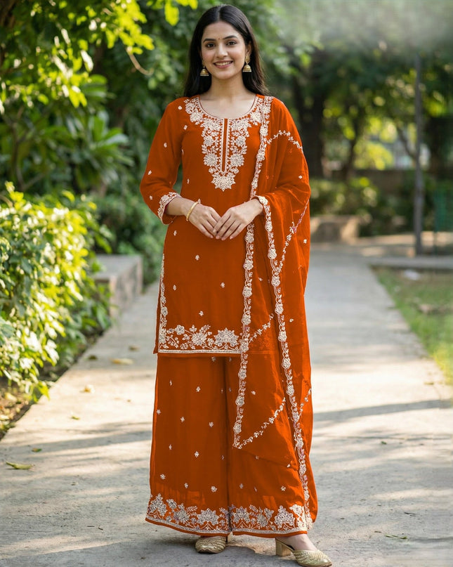 Kurta Palazzo Dupatta Set With Embroidery Beads Work - Rosepetals Luxe