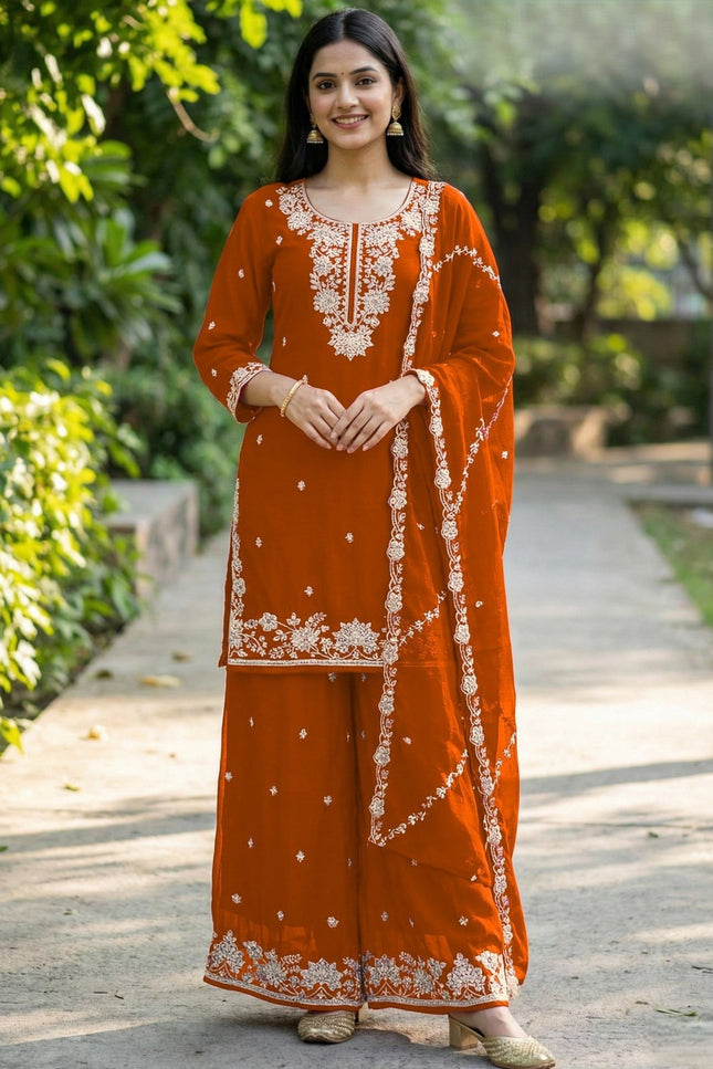 Kurta Palazzo Dupatta Set With Embroidery Beads Work - Rosepetals Luxe