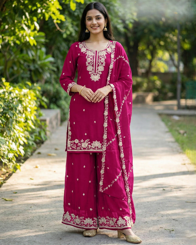 Kurta Palazzo Dupatta Set With Embroidery Beads Work - Rosepetals Luxe
