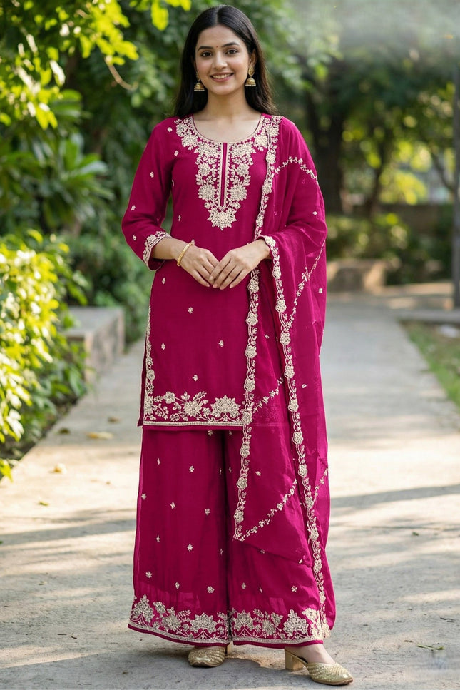 Kurta Palazzo Dupatta Set With Embroidery Beads Work - Rosepetals Luxe