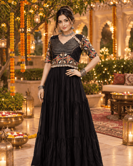 Kutchi Gamthi Mirror-Work Rayon Gown - Rosepetals Luxe