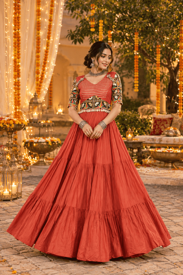 Kutchi Gamthi Mirror-Work Rayon Gown - Rosepetals Luxe