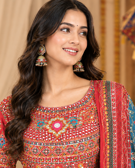 Kutchi Print Muslin Lehenga Choli with Mirror Work - Rosepetals Luxe