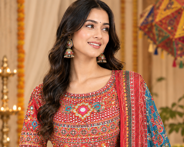 Kutchi Print Muslin Lehenga Choli with Mirror Work - Rosepetals Luxe