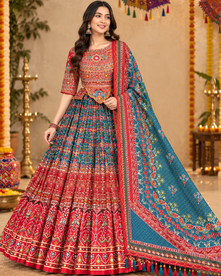 Kutchi Print Muslin Lehenga Choli with Mirror Work - Rosepetals Luxe