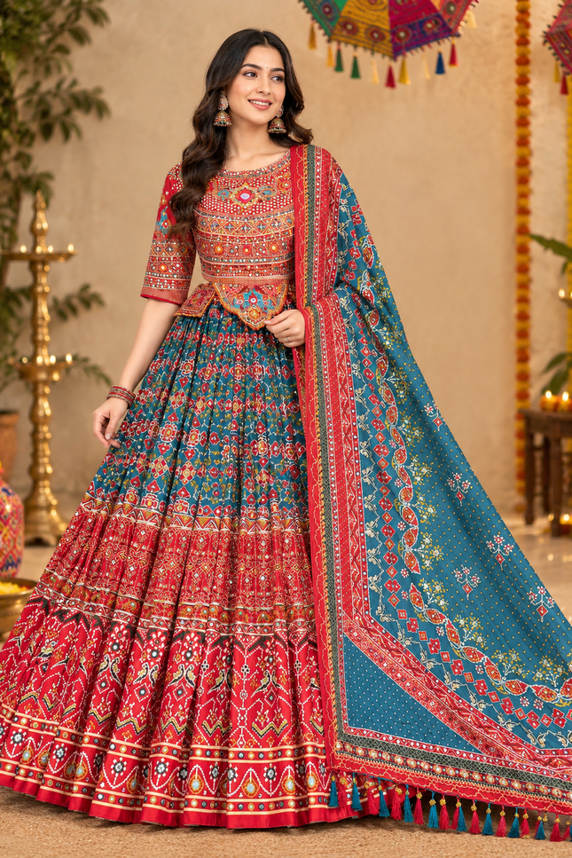 Kutchi Print Muslin Lehenga Choli with Mirror Work - Rosepetals Luxe