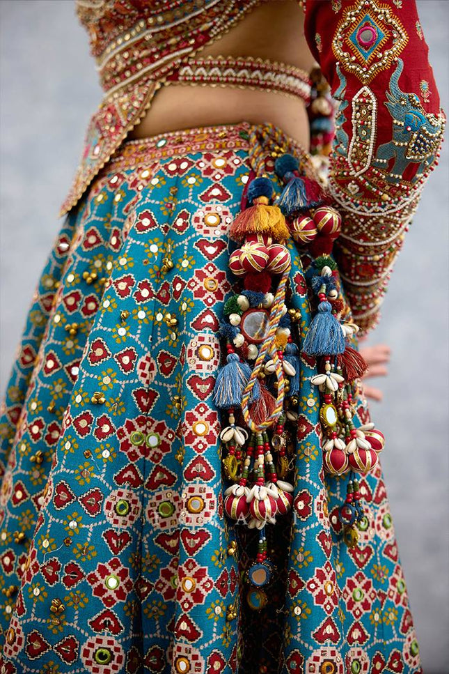 Kutchi Print Muslin Lehenga Choli with Mirror Work - Rosepetals Luxe