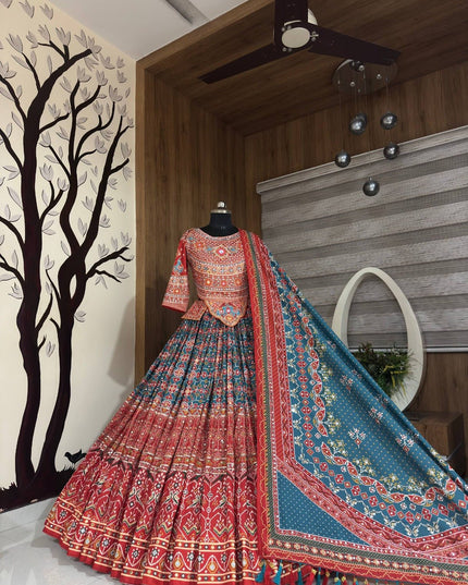 Kutchi Print Muslin Lehenga Choli with Mirror Work - Rosepetals Luxe