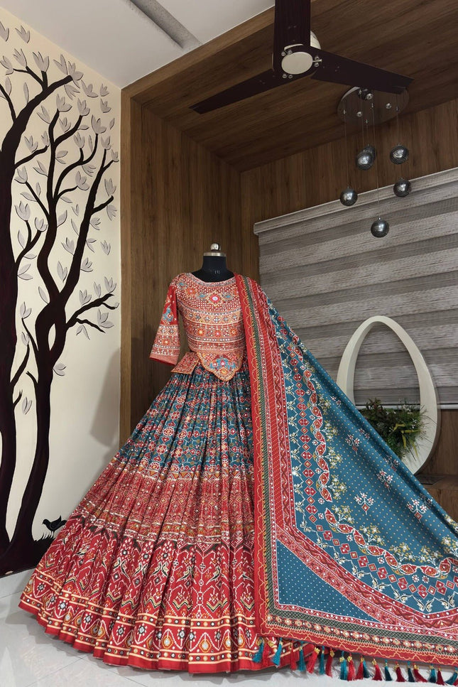 Kutchi Print Muslin Lehenga Choli with Mirror Work - Rosepetals Luxe
