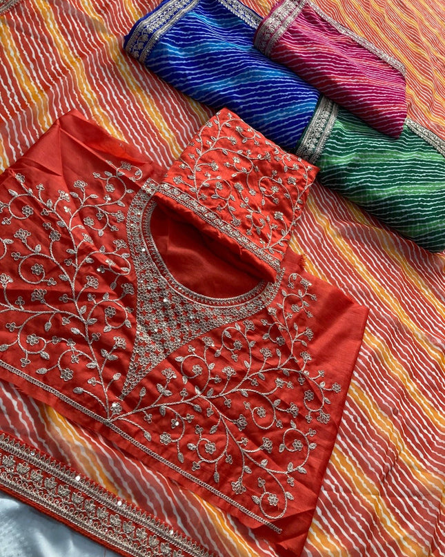 Laheriya Bandhej Georgette Saree with Embroidered Blouse Piece - Rosepetals Luxe