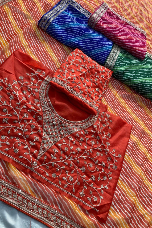 Laheriya Bandhej Georgette Saree with Embroidered Blouse Piece - Rosepetals Luxe