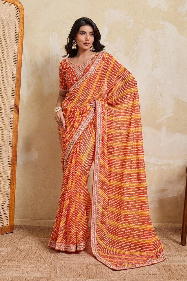 Laheriya Bandhej Georgette Saree with Embroidered Blouse Piece - Rosepetals Luxe