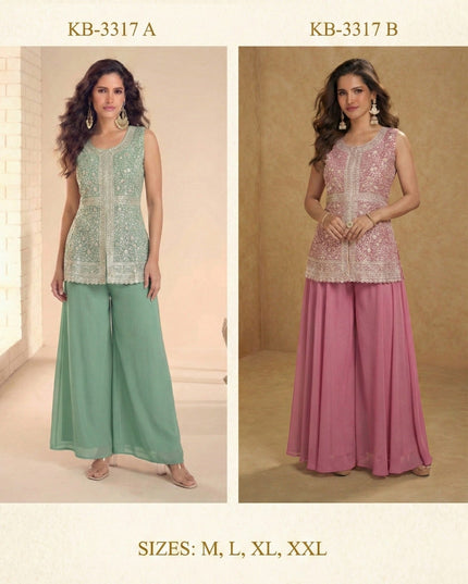 Lakhnavi Embroidered Kurta Sharara Set in Heavy Star Georgette with Belt Style Dupatta - Rosepetals Luxe