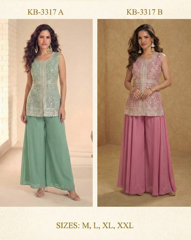 Lakhnavi Embroidered Kurta Sharara Set in Heavy Star Georgette with Belt Style Dupatta - Rosepetals Luxe