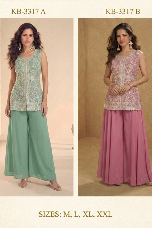 Lakhnavi Embroidered Kurta Sharara Set in Heavy Star Georgette with Belt Style Dupatta - Rosepetals Luxe