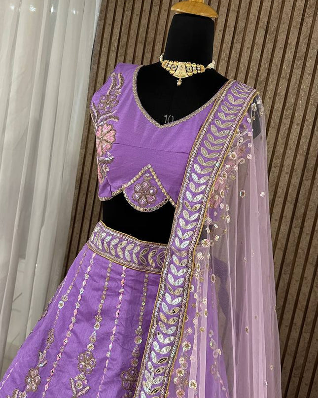 Lavender Heavy Slub Silk Lehenga Choli with Thread, Dori & Rainbow Sequins Work - Rosepetals Luxe