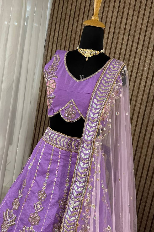Lavender Heavy Slub Silk Lehenga Choli with Thread, Dori & Rainbow Sequins Work - Rosepetals Luxe